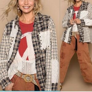 POL What I Got Oversized Plaid and Lace Shacket